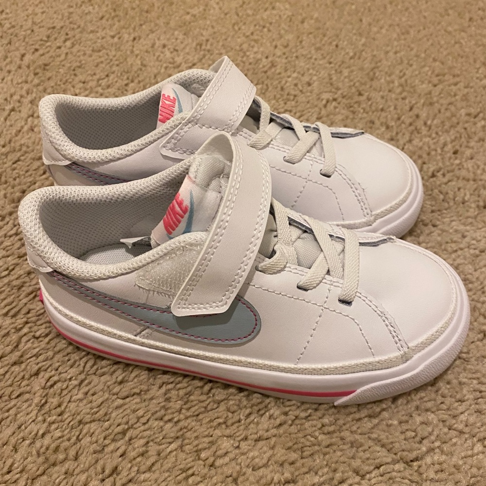 Nike Kids White Sneakers with Pink and Light Blue Accents